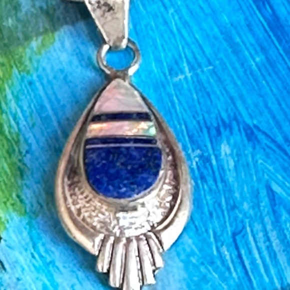 Opal And Lapis Bezel Set Sterling 925 inlay Pendant Necklace Signed VTG 4250 W - Picture 1 of 16